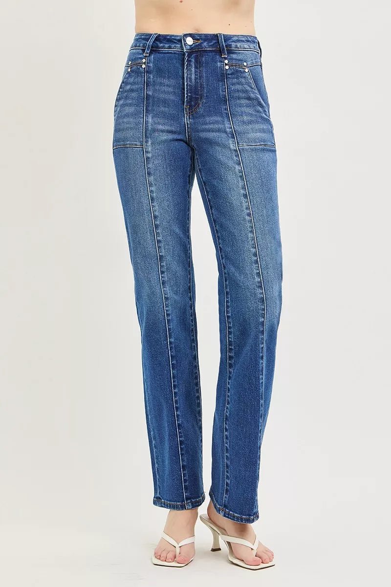 RISEN High Rise Straight Patch Pocket Seamed Jeans - AMVIM