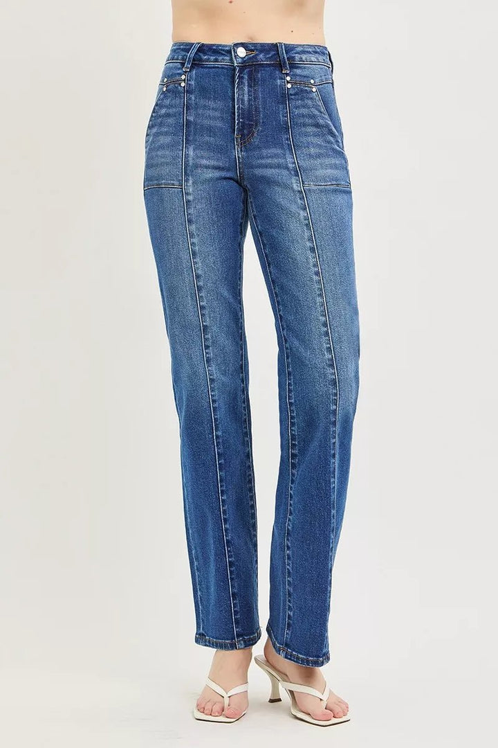 RISEN High Rise Straight Patch Pocket Seamed Jeans - AMVIM