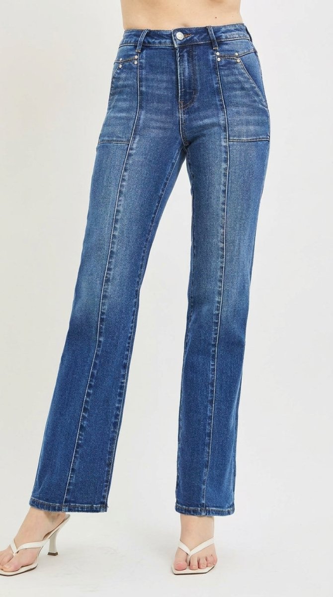 RISEN High Rise Straight Patch Pocket Seamed Jeans - AMVIM