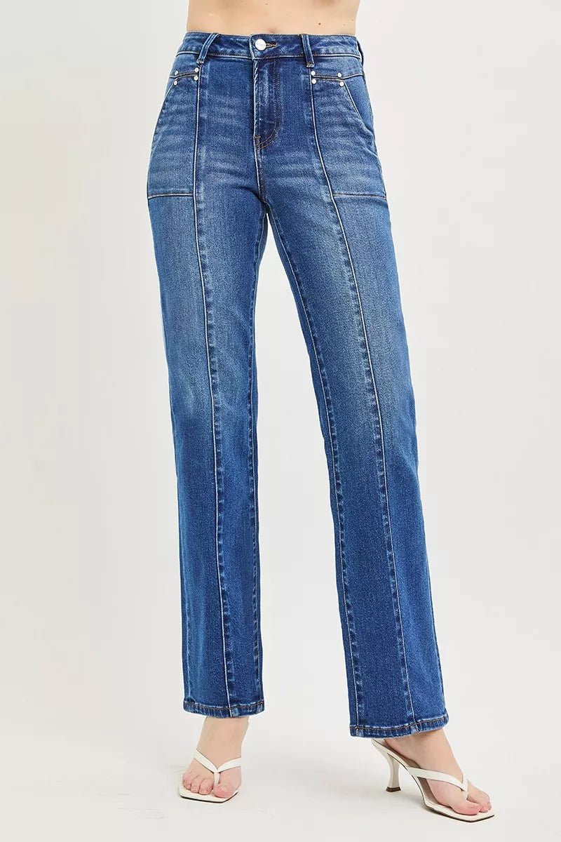 RISEN High Rise Straight Patch Pocket Seamed Jeans - AMVIM