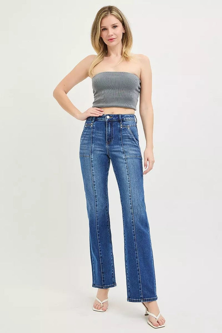 RISEN High Rise Straight Patch Pocket Seamed Jeans - AMVIM