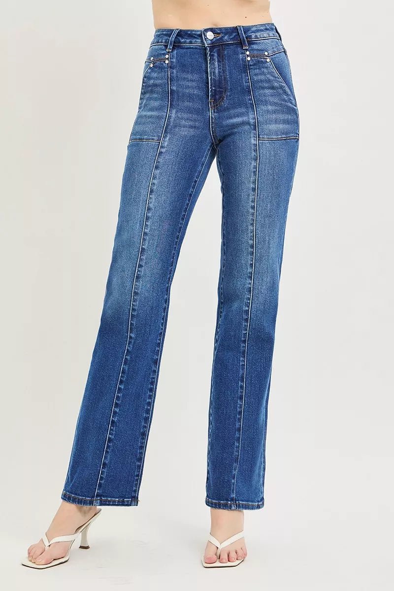 RISEN High Rise Straight Patch Pocket Seamed Jeans - AMVIM