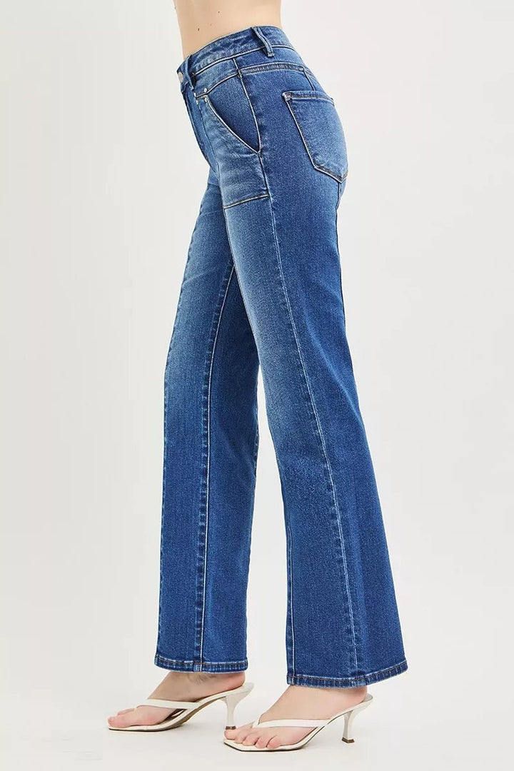 RISEN High Rise Straight Patch Pocket Seamed Jeans - AMVIM