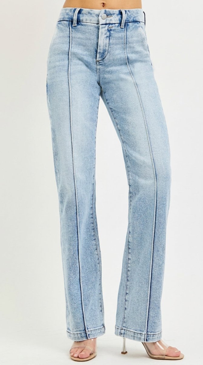 RISEN High Rise Straight Pin Tuck Jeans with Tummy Control - AMVIM