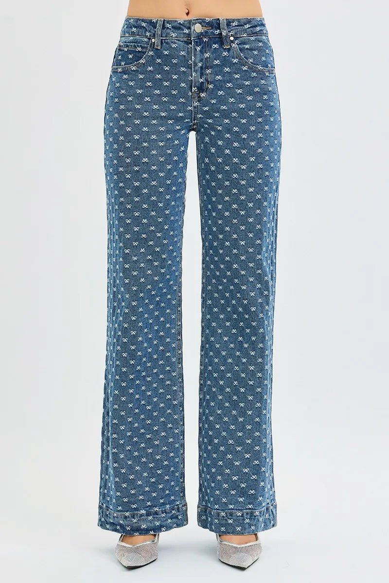 RISEN High Rise Wide Leg Bow Embroidered Jeans - AMVIM