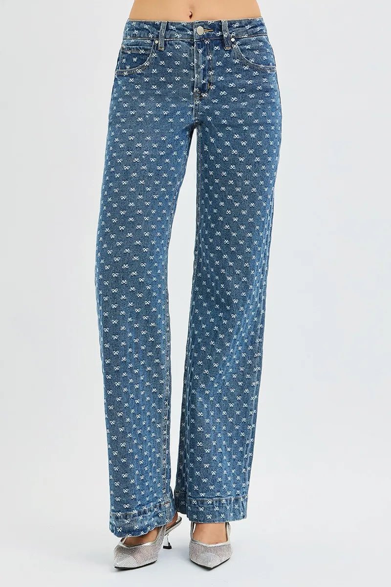 RISEN High Rise Wide Leg Bow Embroidered Jeans - AMVIM