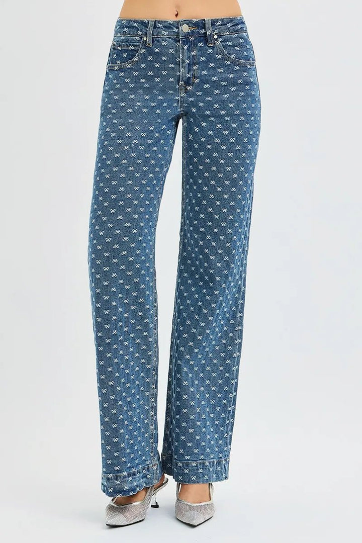 RISEN High Rise Wide Leg Bow Embroidered Jeans - AMVIM
