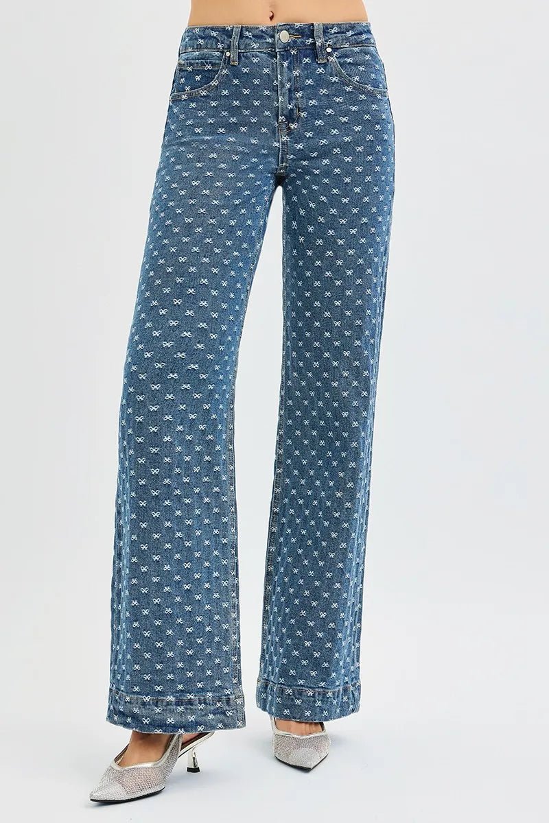 RISEN High Rise Wide Leg Bow Embroidered Jeans - AMVIM