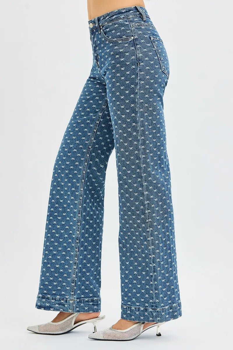 RISEN High Rise Wide Leg Bow Embroidered Jeans - AMVIM