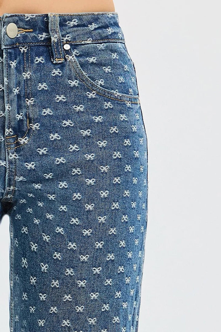 RISEN High Rise Wide Leg Bow Embroidered Jeans - AMVIM
