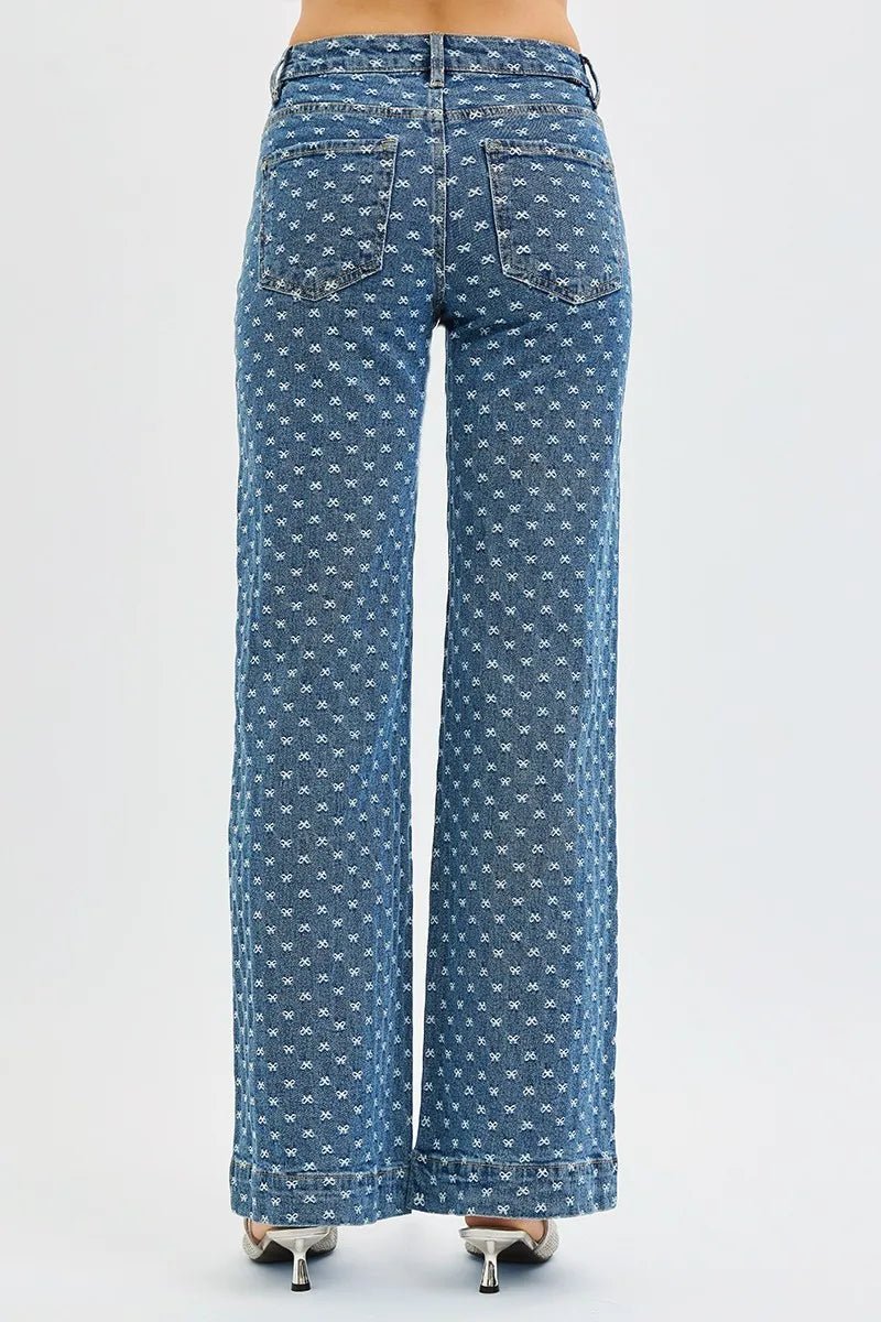 RISEN High Rise Wide Leg Bow Embroidered Jeans - AMVIM