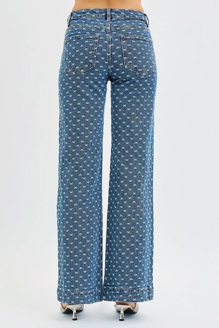 RISEN High Rise Wide Leg Bow Embroidered Jeans - AMVIM