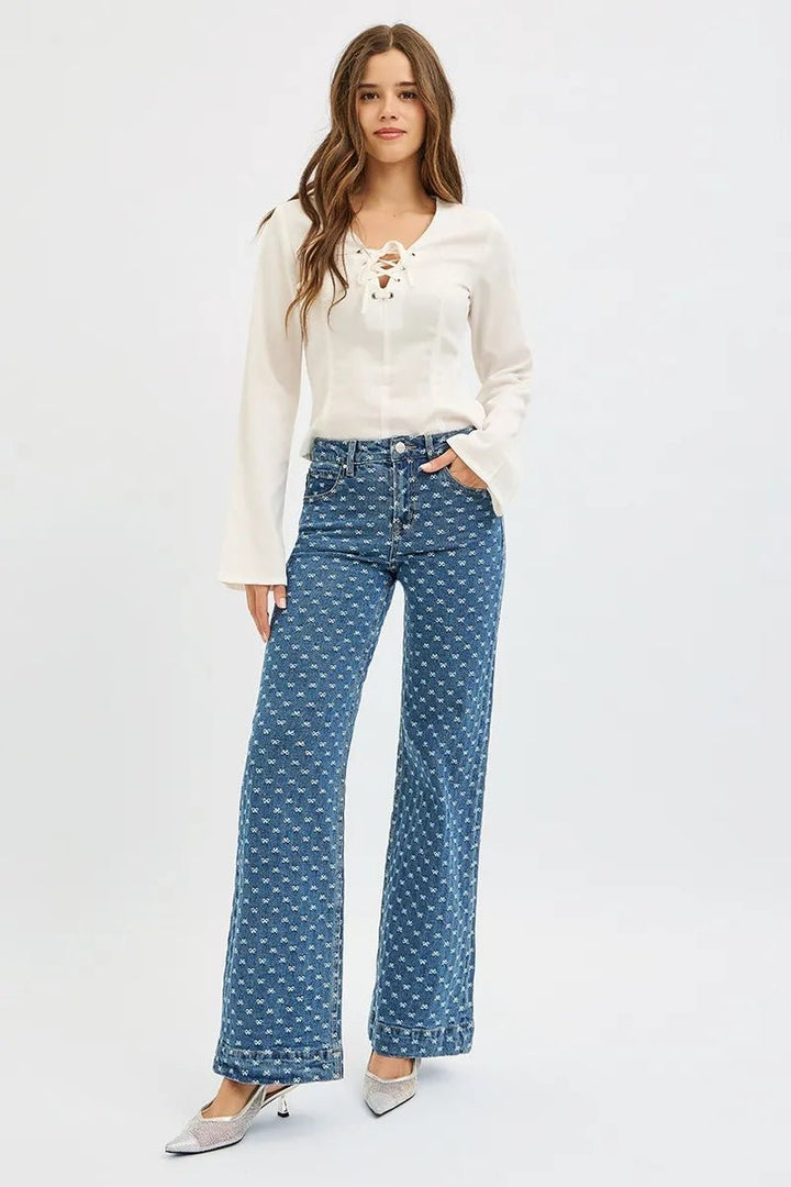 RISEN High Rise Wide Leg Bow Embroidered Jeans - AMVIM