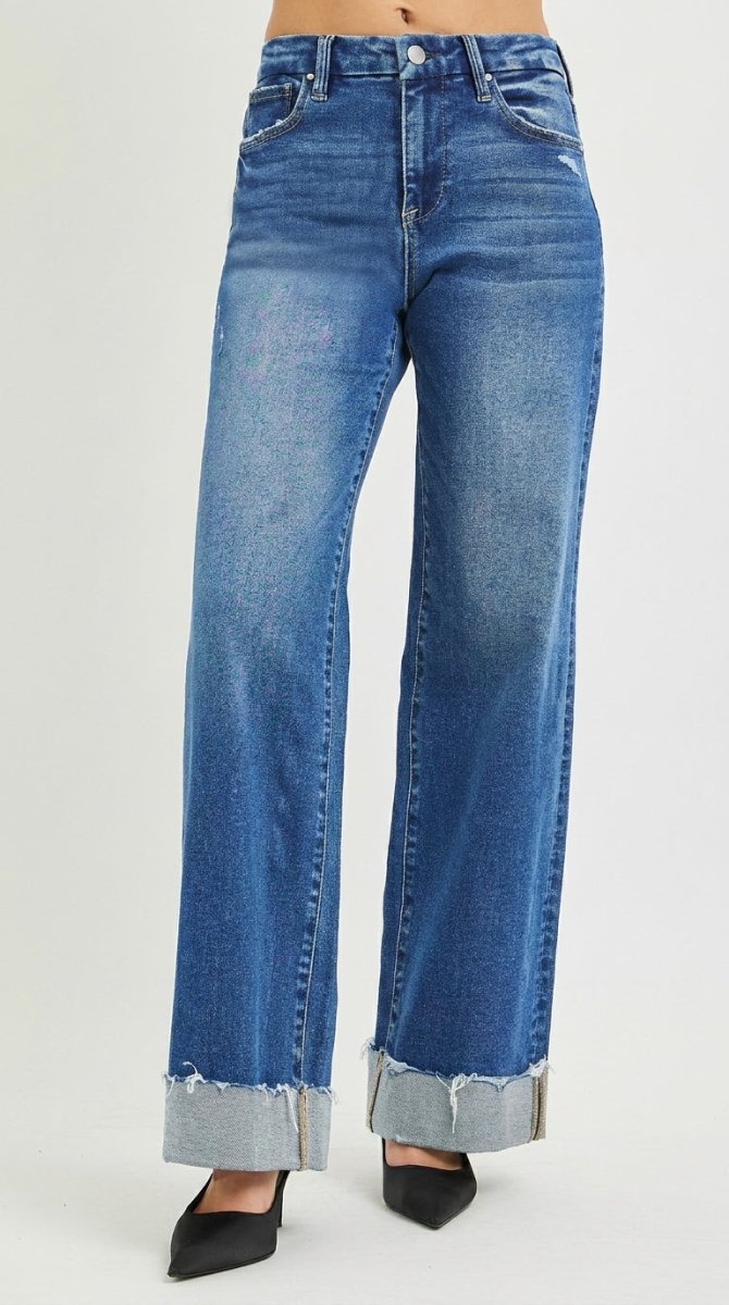 RISEN High Rise Wide Leg Cuffed Hem Jeans - AMVIM