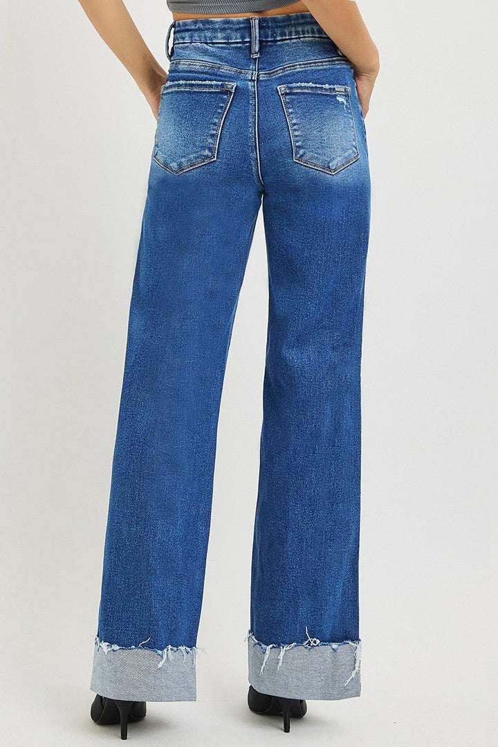 RISEN High Rise Wide Leg Cuffed Hem Jeans - AMVIM