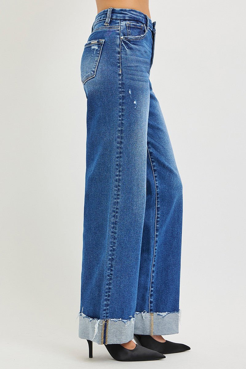 RISEN High Rise Wide Leg Cuffed Hem Jeans - AMVIM