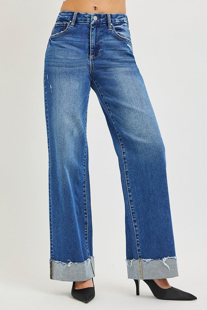 RISEN High Rise Wide Leg Cuffed Hem Jeans - AMVIM