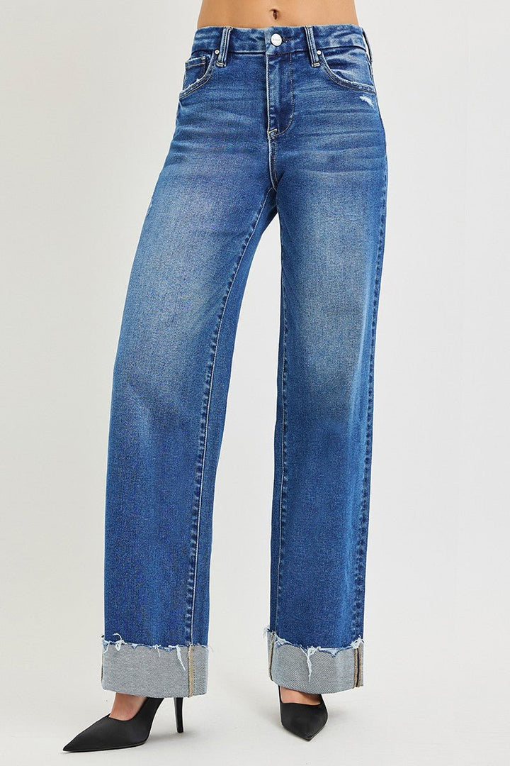 RISEN High Rise Wide Leg Cuffed Hem Jeans - AMVIM