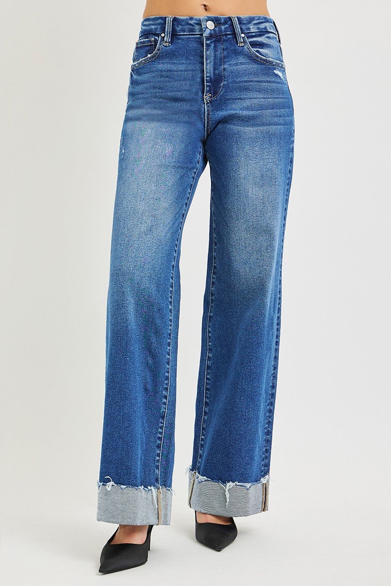 RISEN High Rise Wide Leg Cuffed Hem Jeans - AMVIM
