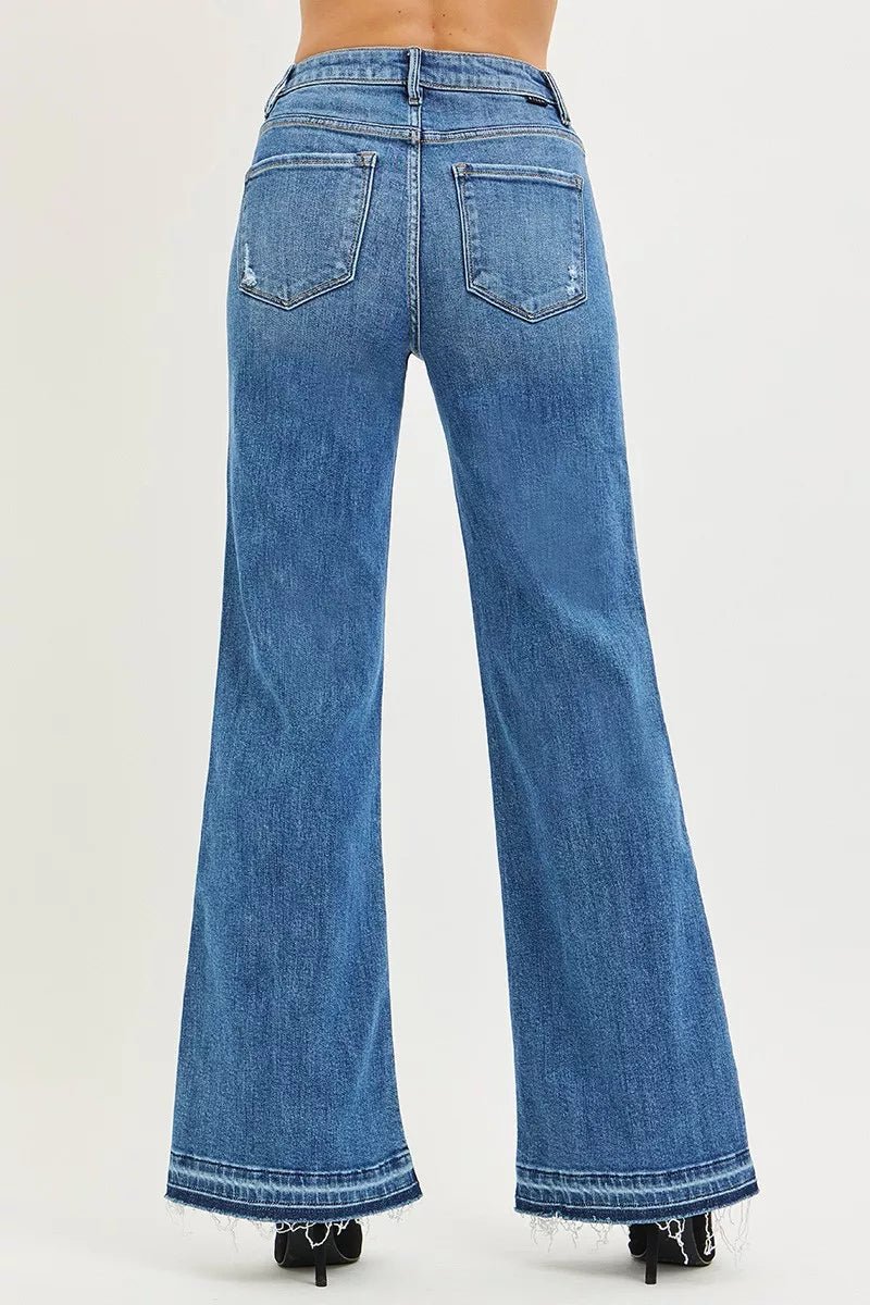 RISEN High Rise Wide Leg Jeans with Frayed Hem - AMVIM