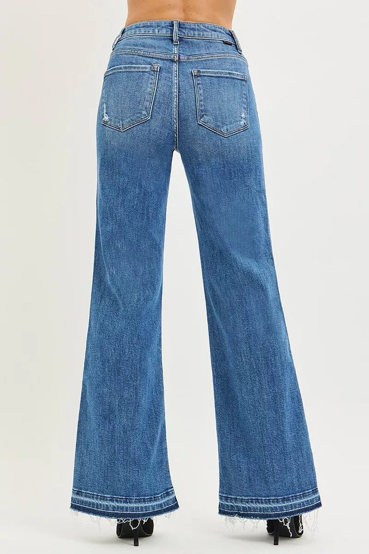 RISEN High Rise Wide Leg Jeans with Frayed Hem - AMVIM