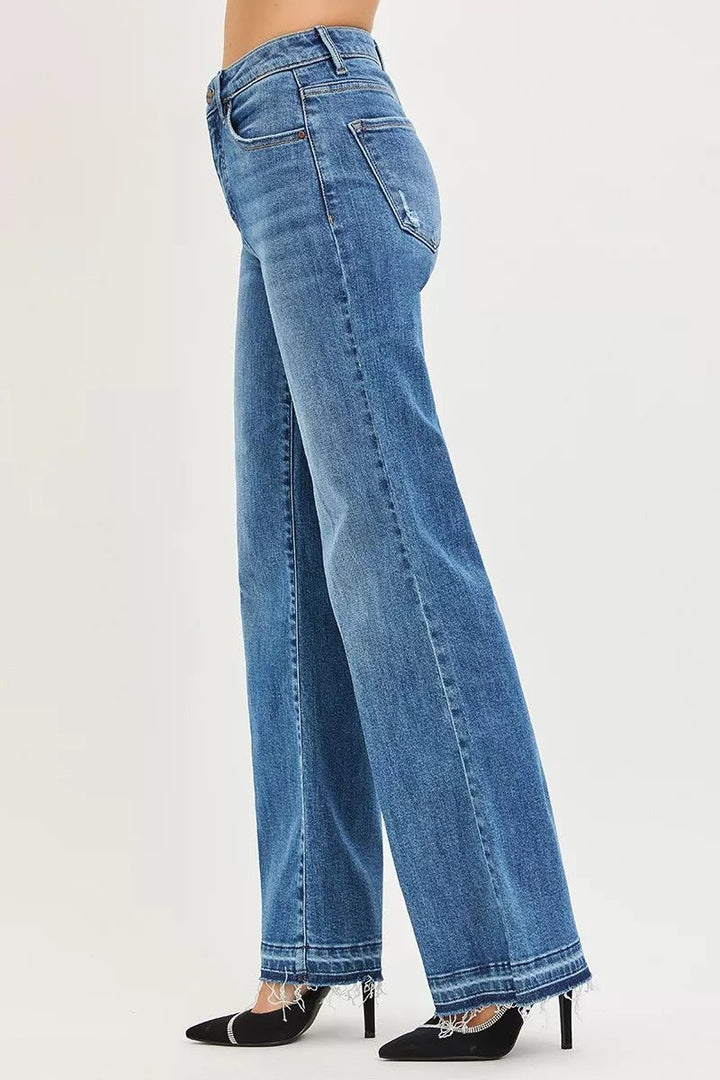 RISEN High Rise Wide Leg Jeans with Frayed Hem - AMVIM