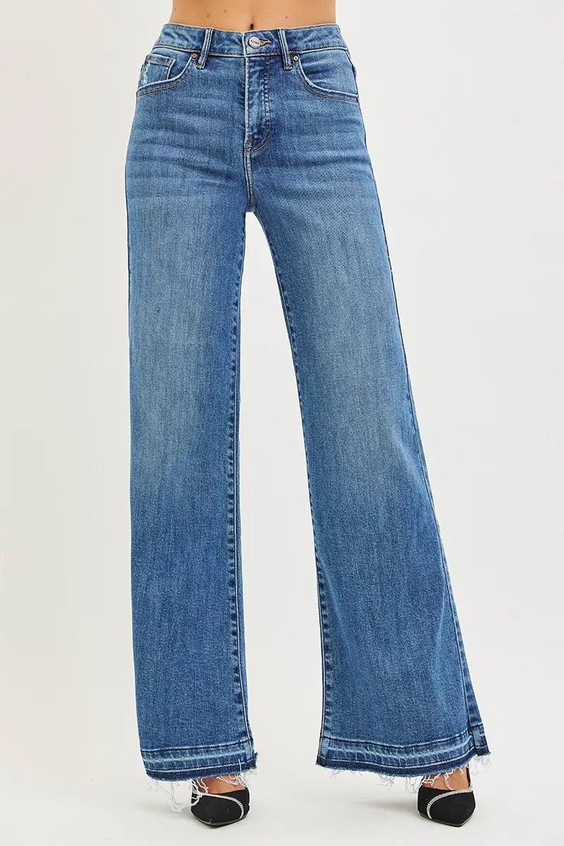 RISEN High Rise Wide Leg Jeans with Frayed Hem - AMVIM