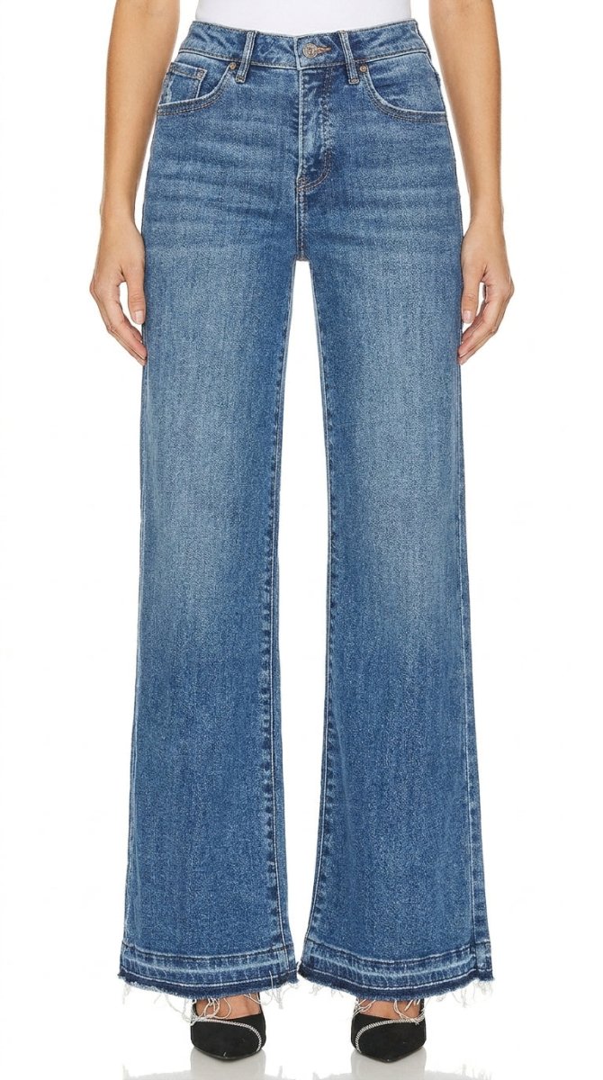 RISEN High Rise Wide Leg Jeans with Frayed Hem - AMVIM