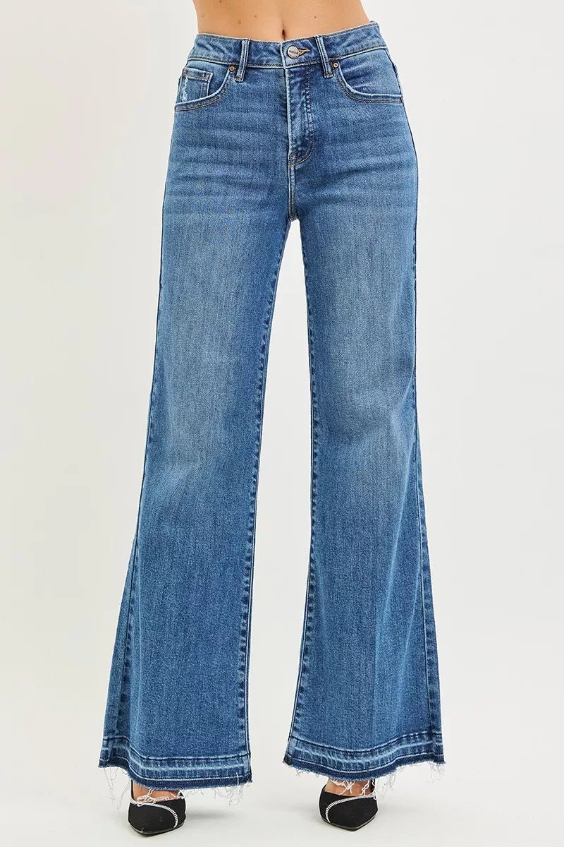 RISEN High Rise Wide Leg Jeans with Frayed Hem - AMVIM