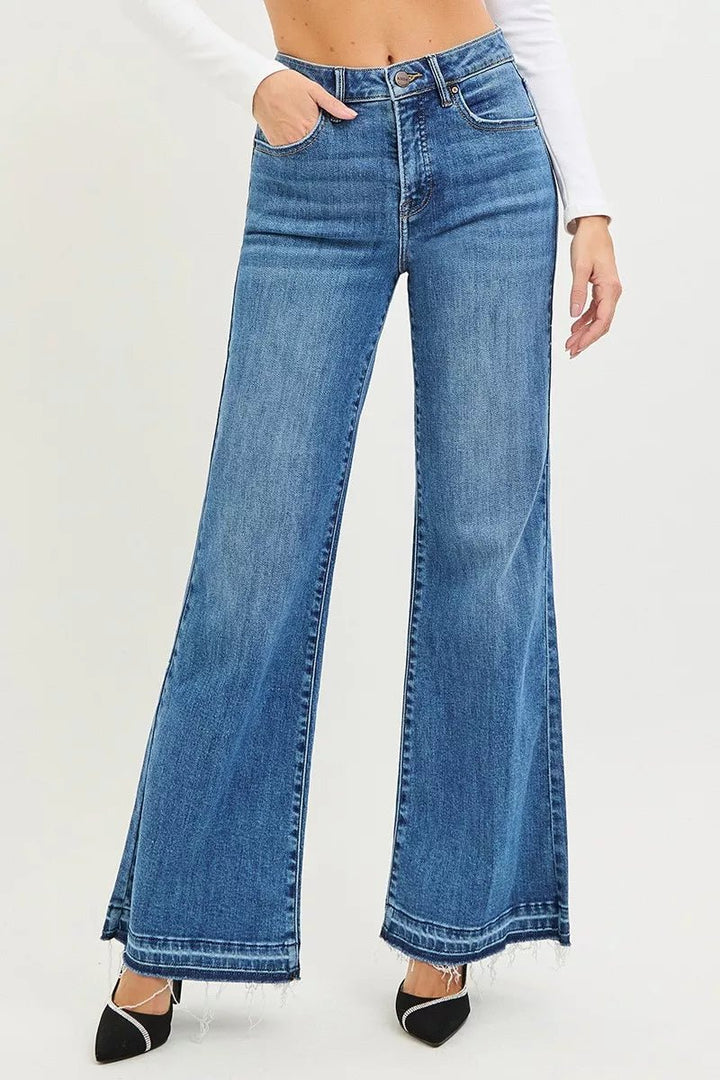 RISEN High Rise Wide Leg Jeans with Frayed Hem - AMVIM