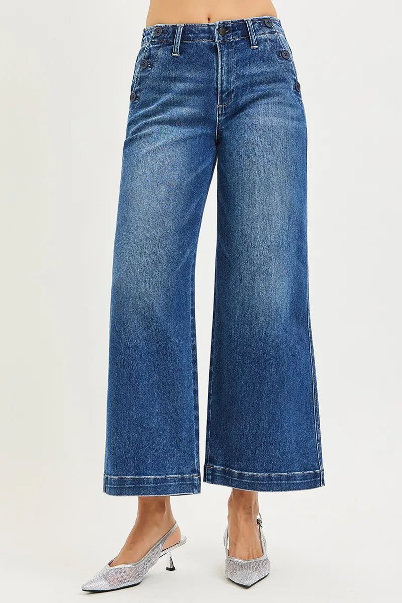 RISEN High Rise Wide Leg Jeans with Pocket Button Detail - AMVIM