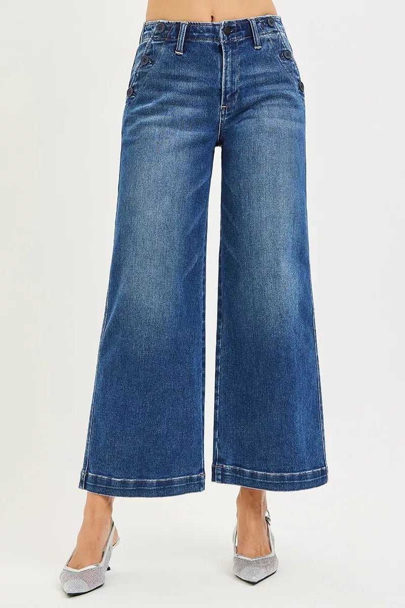 RISEN High Rise Wide Leg Jeans with Pocket Button Detail - AMVIM