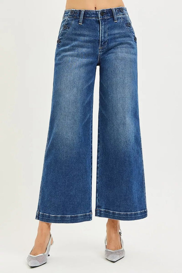 RISEN High Rise Wide Leg Jeans with Pocket Button Detail - AMVIM