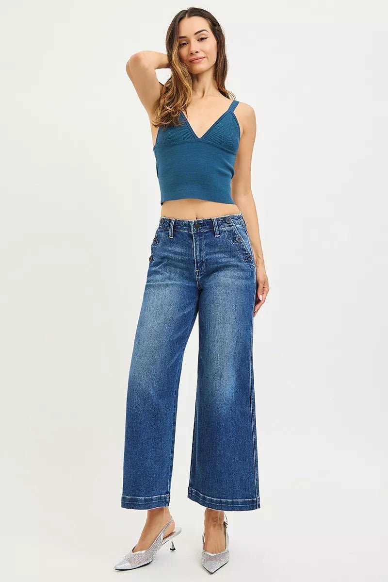 RISEN High Rise Wide Leg Jeans with Pocket Button Detail - AMVIM