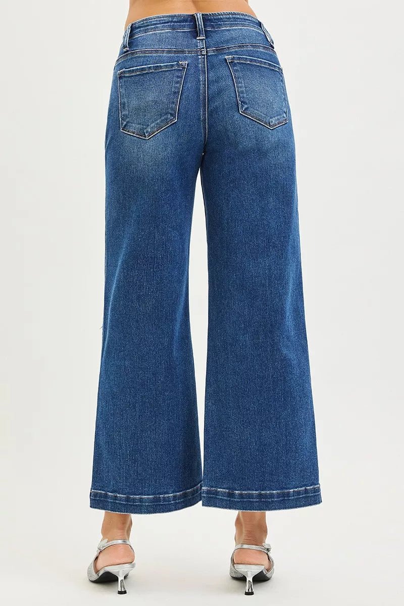 RISEN High Rise Wide Leg Jeans with Pocket Button Detail - AMVIM