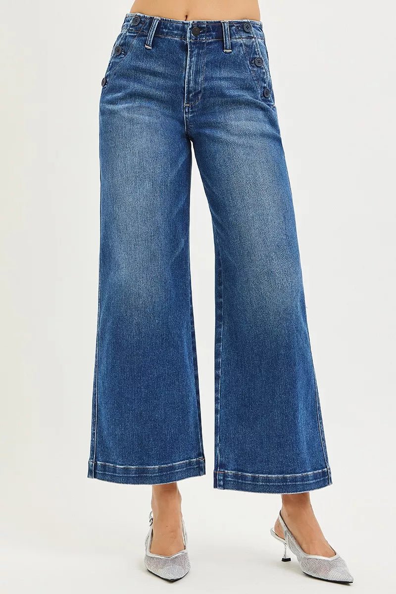 RISEN High Rise Wide Leg Jeans with Pocket Button Detail - AMVIM