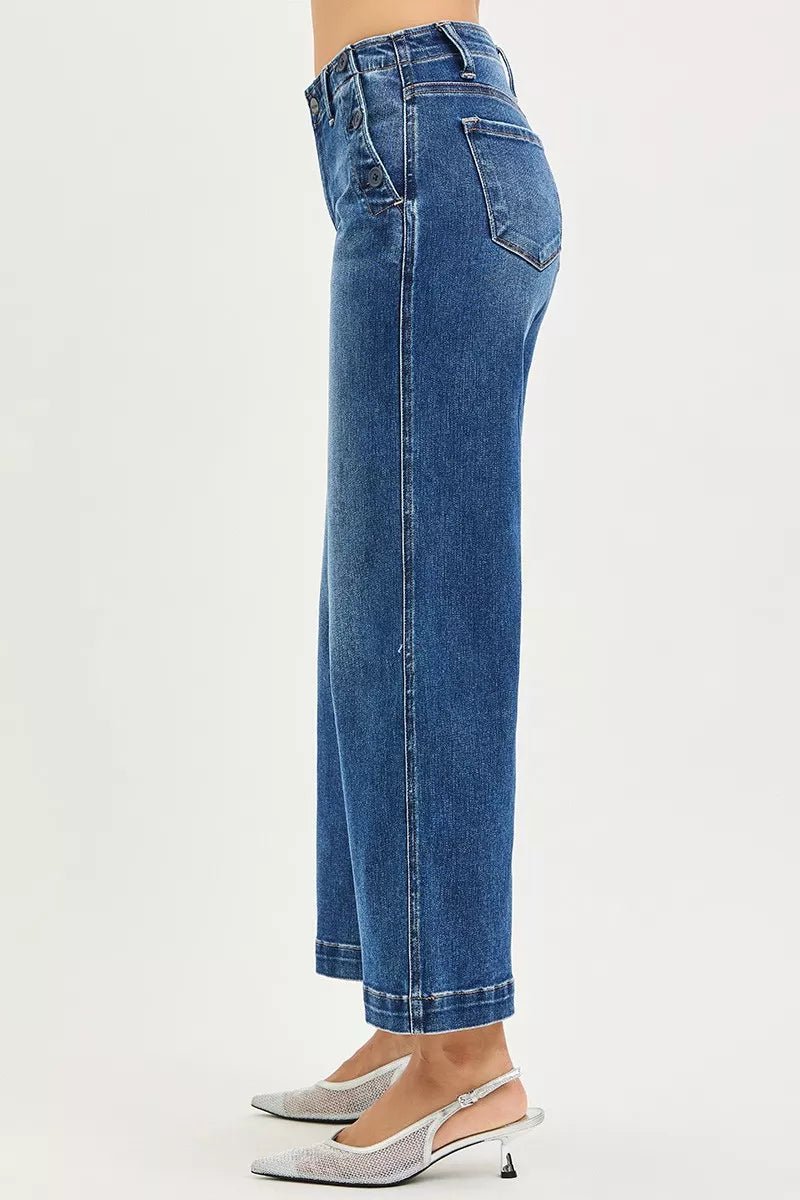 RISEN High Rise Wide Leg Jeans with Pocket Button Detail - AMVIM