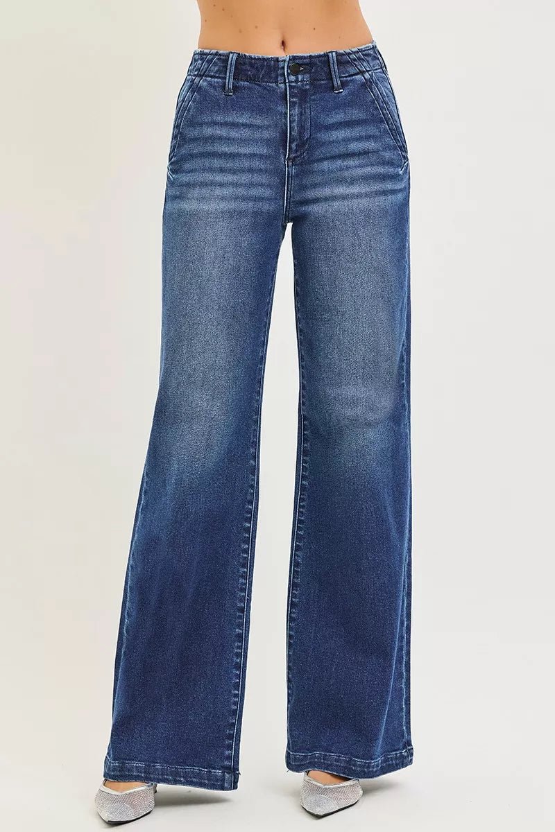 RISEN High Rise Wide Leg Jeans with Slanted Pockets - AMVIM