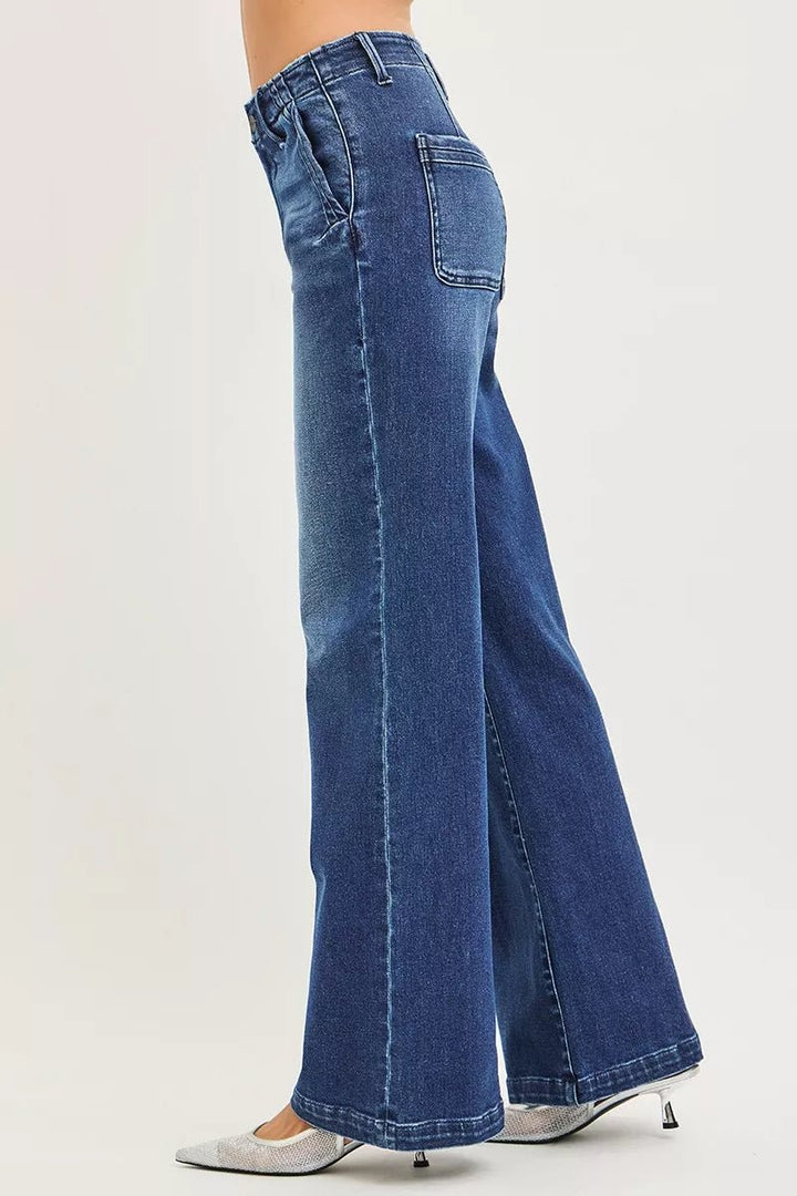 RISEN High Rise Wide Leg Jeans with Slanted Pockets - AMVIM