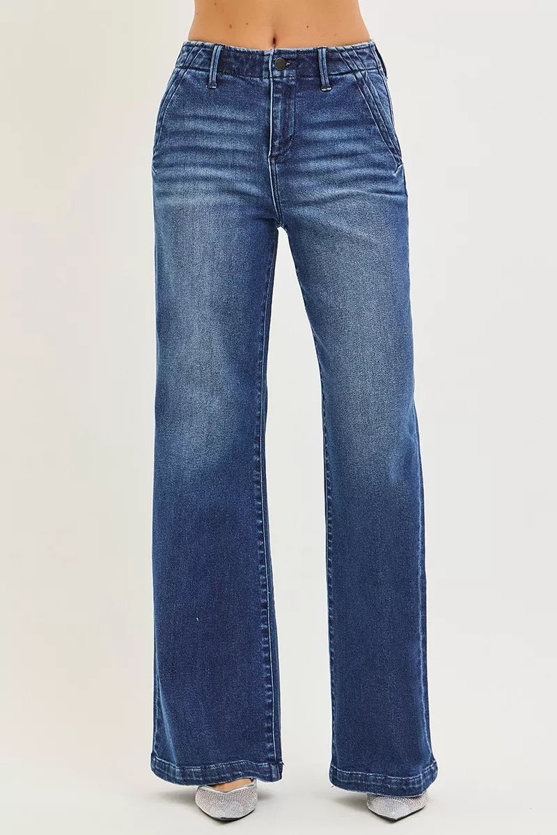RISEN High Rise Wide Leg Jeans with Slanted Pockets - AMVIM