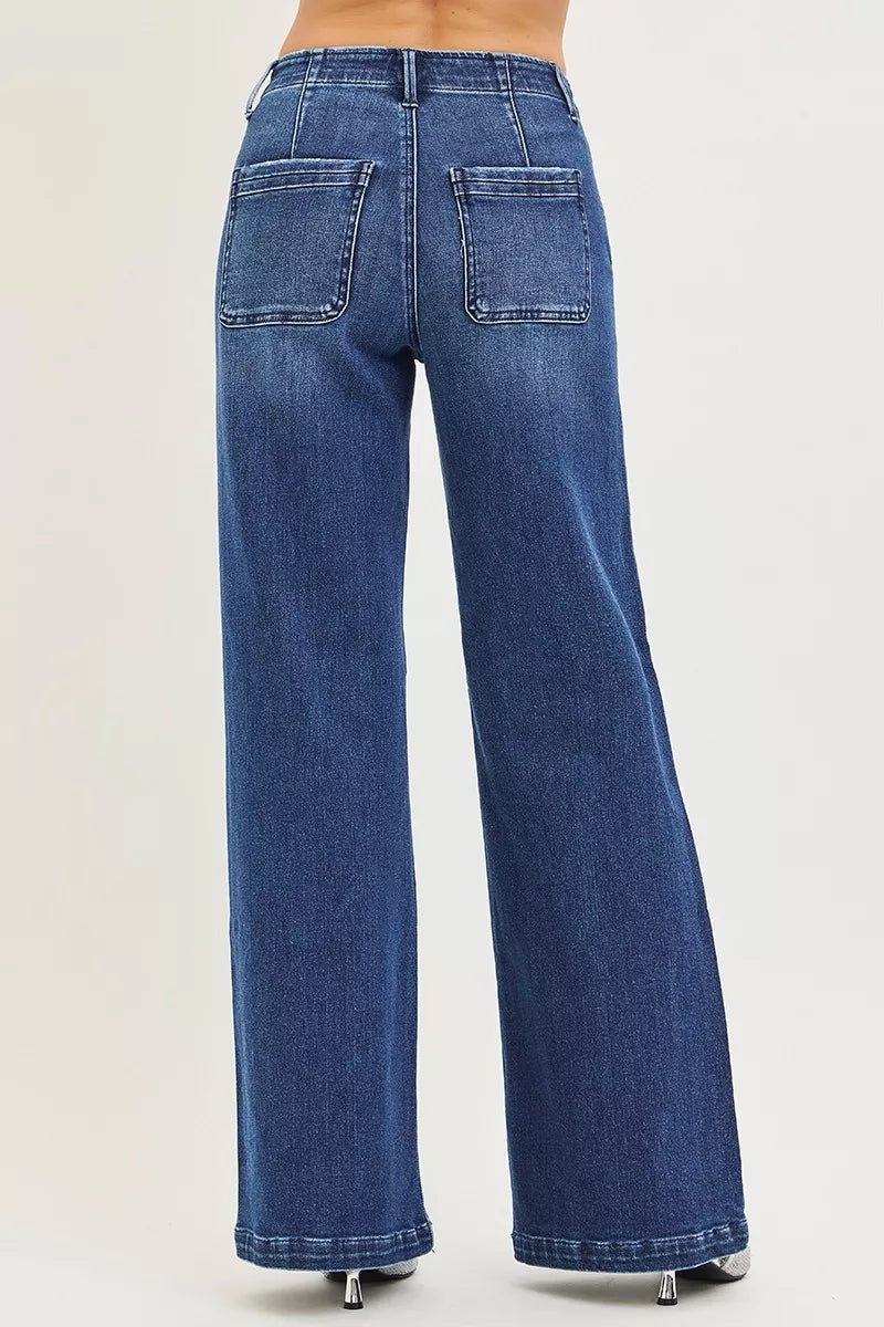RISEN High Rise Wide Leg Jeans with Slanted Pockets - AMVIM