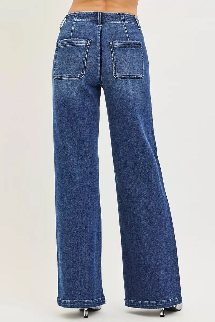 RISEN High Rise Wide Leg Jeans with Slanted Pockets - AMVIM