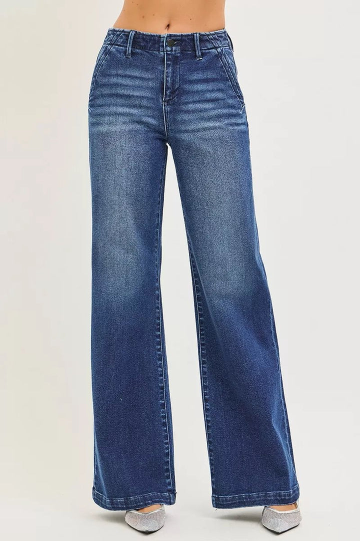 RISEN High Rise Wide Leg Jeans with Slanted Pockets - AMVIM