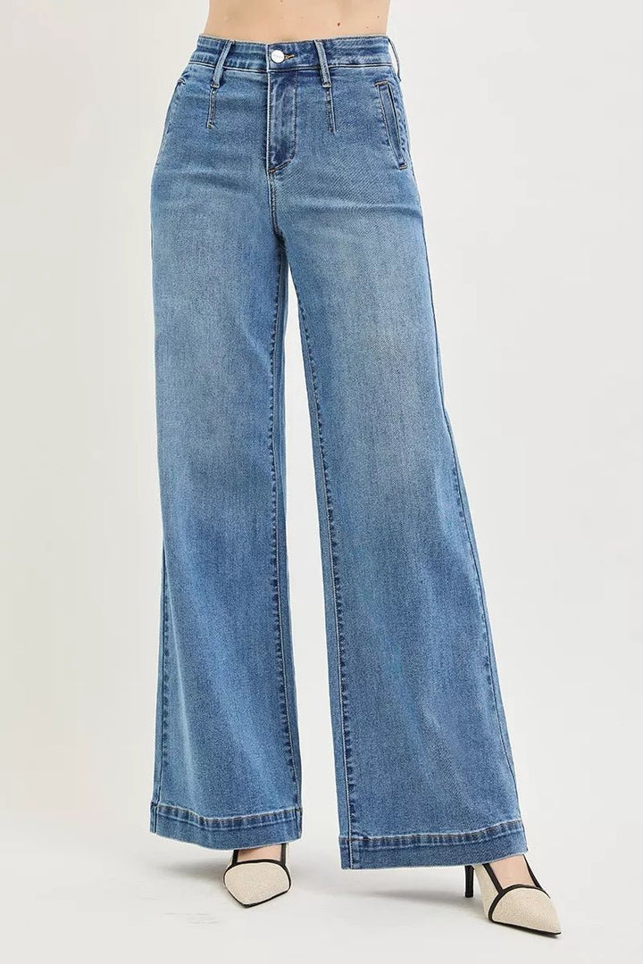 RISEN High Rise Wide Leg Jeans with Tummy Control Elastic Band - AMVIM