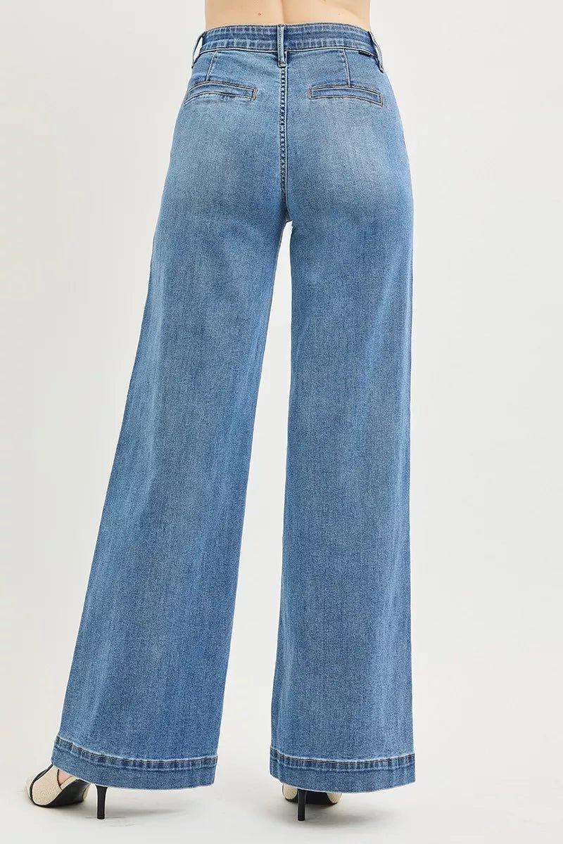 RISEN High Rise Wide Leg Jeans with Tummy Control Elastic Band - AMVIM