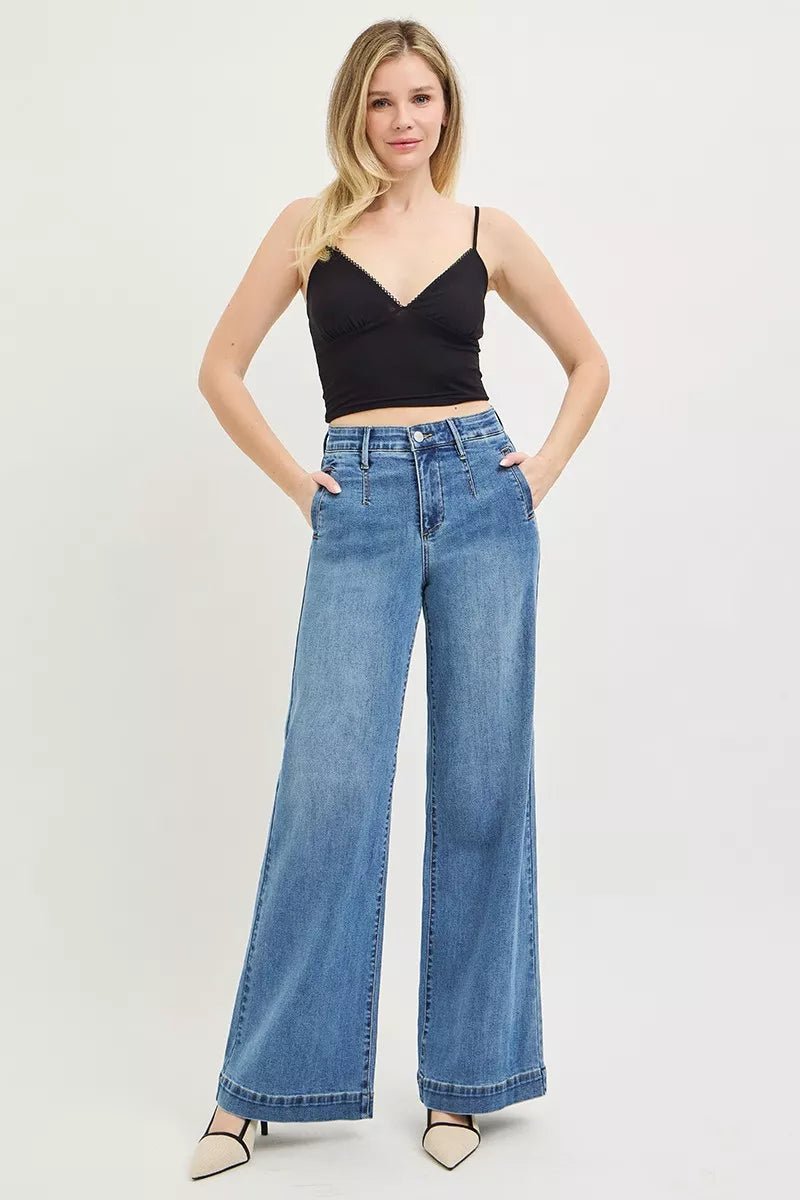 RISEN High Rise Wide Leg Jeans with Tummy Control Elastic Band - AMVIM