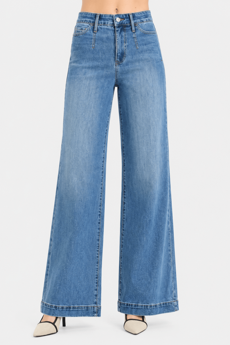 RISEN High Rise Wide Leg Jeans with Tummy Control Elastic Band - AMVIM