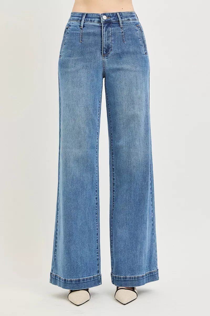 RISEN High Rise Wide Leg Jeans with Tummy Control Elastic Band - AMVIM
