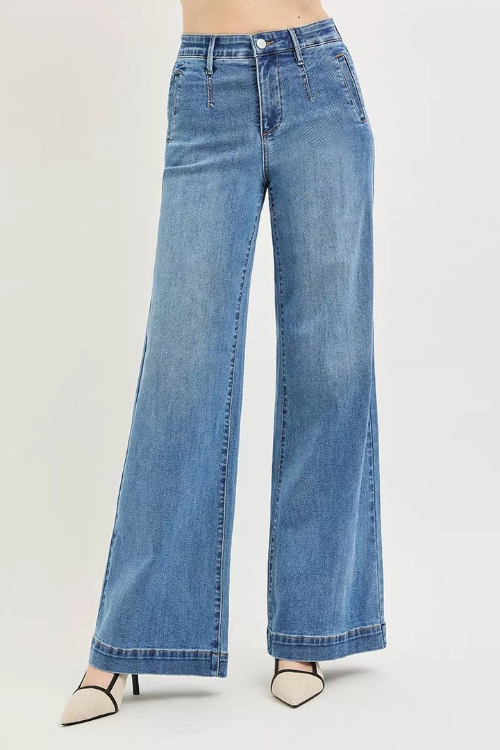 RISEN High Rise Wide Leg Jeans with Tummy Control Elastic Band - AMVIM