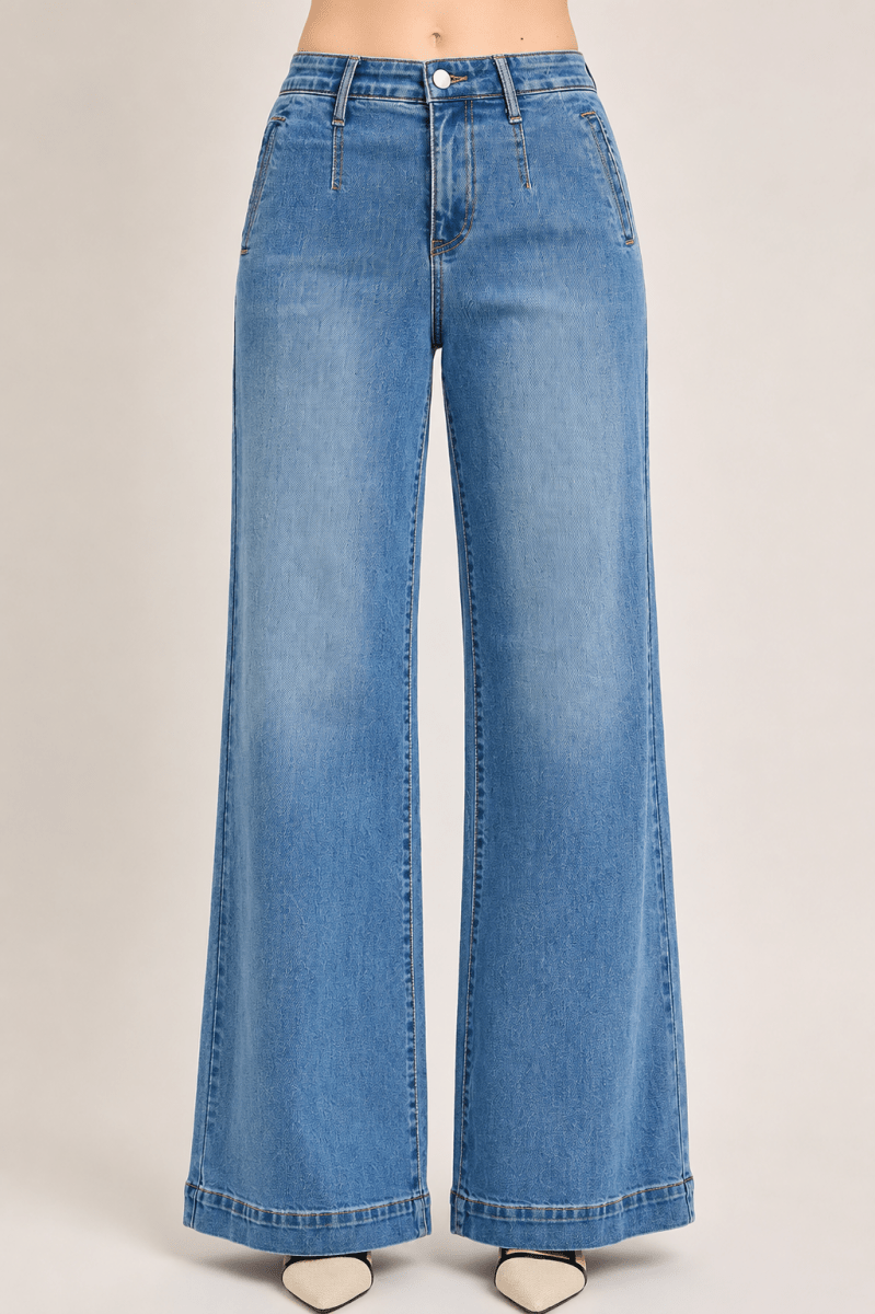 RISEN High Rise Wide Leg Jeans with Tummy Control Elastic Band - AMVIM